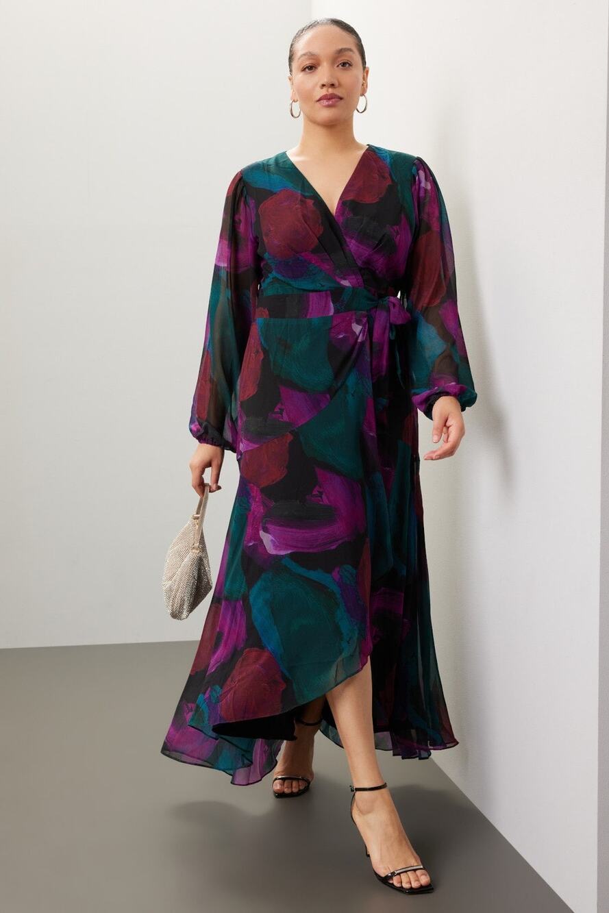 Hutch Sz L Bridge Multicolor Moody Floral Print Chiffon Long Sleeve Wrap Dress